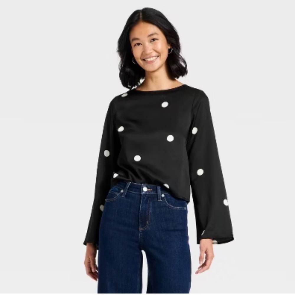 a new day Silky Black Polka Dot ballon Long-Sleeve Blouse